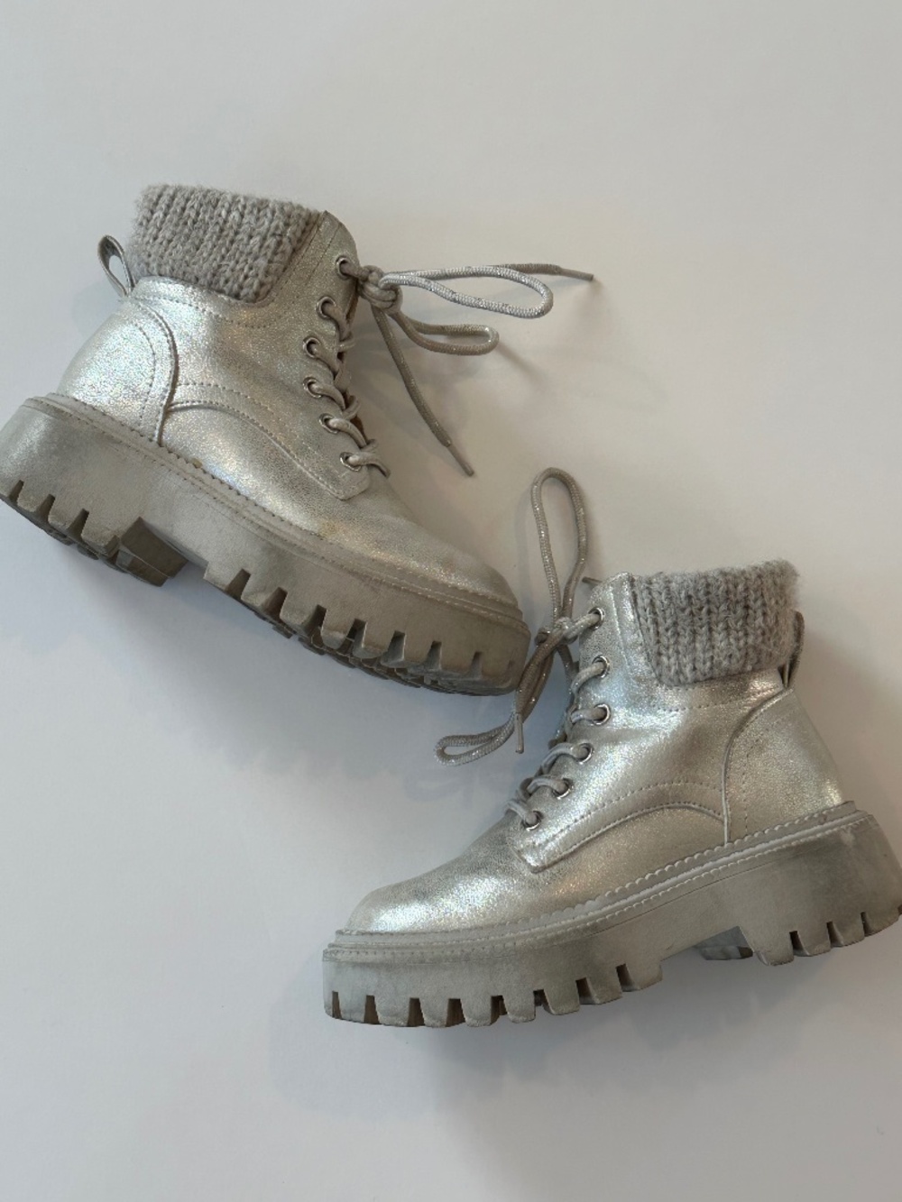 DV Dolce Vita Kamilla Girls Silver Combat Boots | Size 12 | Metallic Knit Cuff